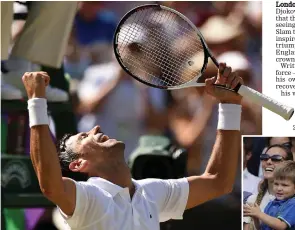  ?? AFP, AP ?? Serbia’s Novak Djokovic celebrates his Wimbledon triumph as wife Jelena and son Stefan applaud from the stands in London on Sunday. —