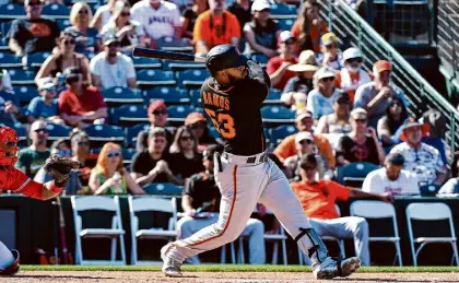  ?? Chris Bernacchi/Special to The Chronicle ?? Heliot Ramos leads Triple-A Sacramento with seven home runs. It would seem to be an opportune time for the Giants to call him up, but the Giants aren’t budging on the roster.