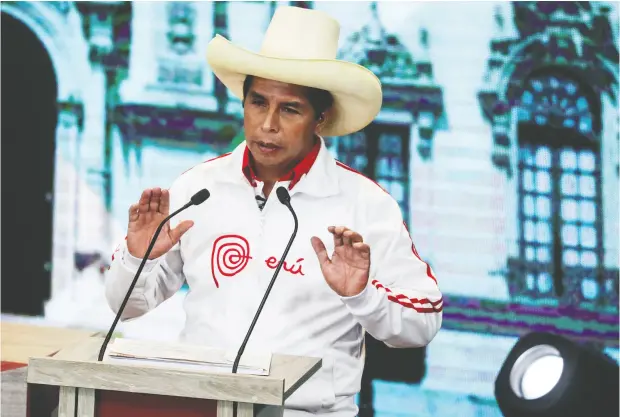  ?? SEBASTIAN CASTANEDA / REUTERS ?? Peru’s socialist candidate Pedro Castillo, who looks to become the country’s next leader, has sparked an exodus of investor money.