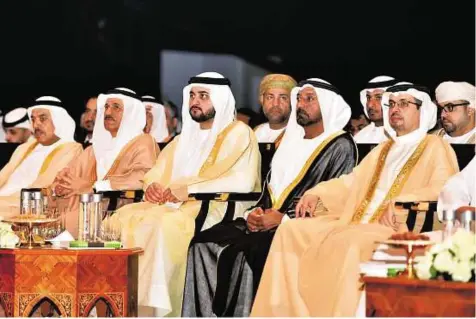  ?? WAM ?? Leading lights Shaikh Maktoum, Shaikh Ahmad, Al Mansouri, Abdul Rahman Saif Al Ghurair, Chairman of Dubai Chamber and Bu Amim at the awards ceremony yesterday.