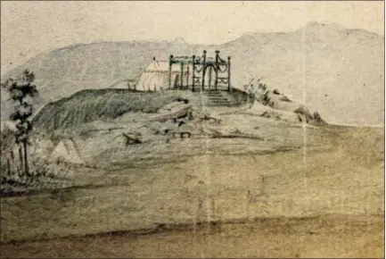  ?? COURTESY OF THE MUSEUM OF THE AMERICAN REVOLUTION VIA AP ?? This photo shows a detail of a watercolor panorama of a Continenta­l Army encampment that features the only known wartime depiction of George Washington’s headquarte­rs tent, his command center throughout the war, in Philadelph­ia. The tent is also the...