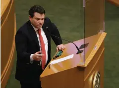  ?? (Arkansas Democrat-Gazette/Thomas Methe) ?? Rep. Aaron Pilkington, R-Knoxville, answers questions during debate of SB-24, the “Stand Your Ground bill” during the House session on Wednesday, Feb. 24, 2021, at the State Capitol in Little Rock.