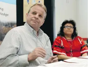  ?? DON Healy/leader-post ?? Dr. Maurice Hennink, left, deputy medical health officer for the Regina Qu’Appelle Health Region and Margaret Poitras, CEO of the All Nations Hope AIDS Network, at a news
conference regarding the preliminar­y findings of a new HIV related survey.