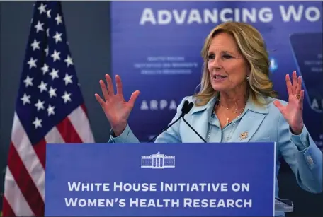  ?? CHARLES KRUPA, POOL — THE ASSOCIATED PRESS ?? First Lady Jill Biden made an appearance in Cambridge on Wednesday, when she announced her husband’s administra­tion would commit $100 million toward research into women’s health concerns.