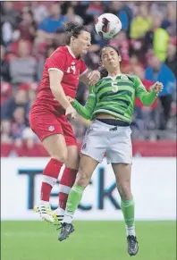  ?? CP PHOTO ?? Canada’s Melissa Tancredi vies for control of the ball with Mexico’s Christina Murillo (5) during second half internatio­nal friendly soccer action at B.C. Place, in Vancouver on Saturday.