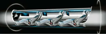  ??  ?? So stellt sich Elon Musk (rechts) eine Hyperloop-Kapsel vor. In der rasen Menschen durch eine Röhre wie in einer Rohrpost.