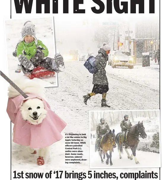  ??  ?? It’s beginning to look a lot like winter in Big Apple Saturday as snow hit town. While officers patrolled Central Park (r.), smiles were abundant. Some roads, however, (above) were unplowed, drawing complaints.