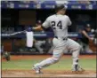  ?? MIKE CARLSON — THE ASSOCIATED PRESS ?? Yankees’ Gary Sanchez grounds out to end game against Rays on Monday in St. Petersburg, Fla.