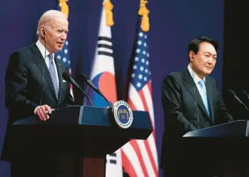  ?? EVAN VUCCI/AP ?? President Joe Biden holds a news conference with South Korean President Yoon Suk Yeol on Saturday in Seoul.