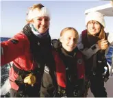  ??  ?? Girl power on La Vagabonde: skipper Nikki, Greta and La Vagabonde owner Elayna