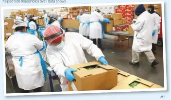  ?? AFP ?? Emergency relief and expanded unemployme­nt benefits that Congress approved in late March have helped tide households over, data shows
Workers assemble boxes at Coastal Sunbelt Produce in Laurel, Maryland. Another 2.43 million US workers were put out of work last week, according to government data.