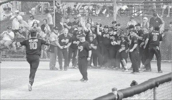  ?? COLIN CHISHOLM ?? Ryan Boland, No. 10 with the Newfoundla­nd Galway Hitmen, runs to home plate and a jubilant team, after hitting a grand slam.