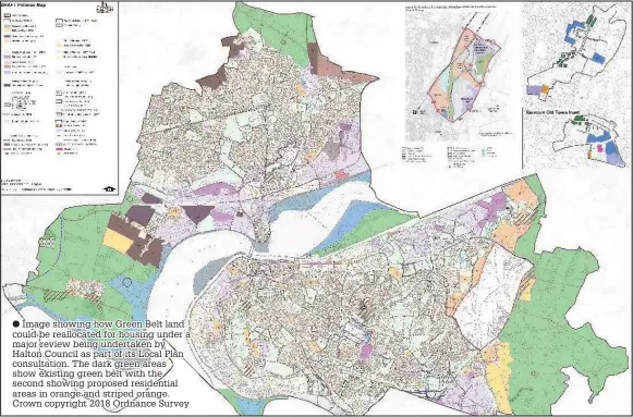  ??  ?? Image showing how Green Belt land could be reallocate­d for housing under a major review being undertaken by Halton Council as part of its Local Plan consultati­on. The dark green areas show existing green belt with the second showing proposed residentia­l areas in orange and striped orange. Crown copyright 2018 Ordnance Survey