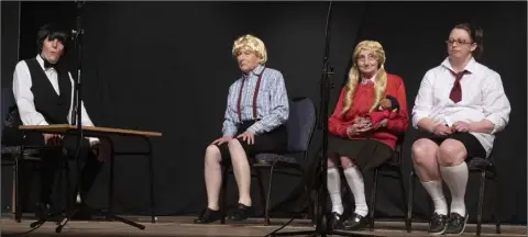  ??  ?? Ballyought­er ICA group performing a sketch, ‘School Around The Corner’ (from left): Emily Parker, Florence Dixon, Betty Jones and Louise Kinsella.