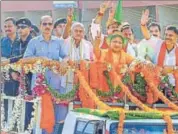  ?? PTI ?? Uttar Pradesh chief minister Yogi Adityanath at a road show in Bantwal, Karnataka, on Thursday.