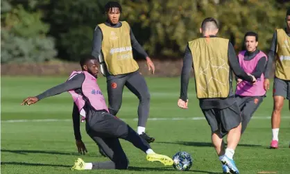  ??  ?? Fikayo Tomori challenges for the ball during training before Chelsea’s Champions League game against Ajax. Photograph: Darren Walsh/ Chelsea FC via Getty Images