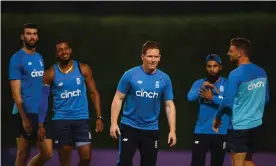  ?? Indies. Photograph: Alex Davidson/Getty Images ?? Eoin Morgan leads a fielding drill in Dubai before England’s opening game against West