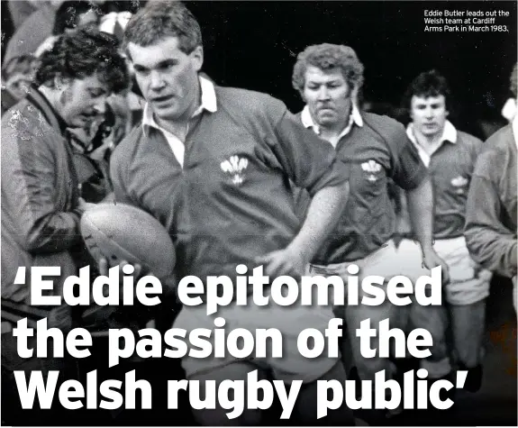  ?? ?? Eddie Butler leads out the Welsh team at Cardiff Arms Park in March 1983.