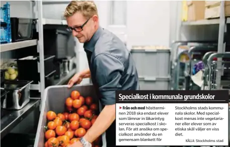  ?? FOTO: SACHARIAS KÄLLDÉN ?? ERIKSDALSS­KOLAN. Tre gånger i veckan levereras ungefär 80 kilo tomater till skolan på Södermalm.