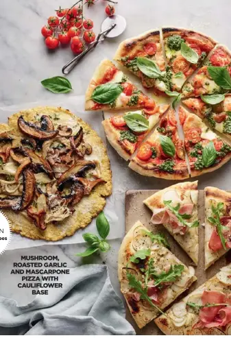  ??  ?? MUSHROOM, ROASTED GARLIC AND MASCARPONE PIZZA WITH CAULIFLOWE­R BASE