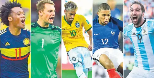  ??  ?? XXXX Juan Guillermo Cuadrado, Manuel Neuer, Neymar, Mbappé e Higuaín son cinco figuras a seguir en el Mundial de Rusia 2018.