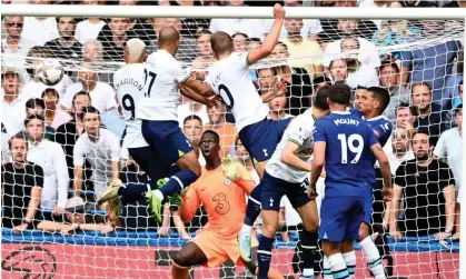  ?? ?? Harry Kane heads in Tottenham’s last-gasp equaliser. Photograph: Andy Rain/EPA