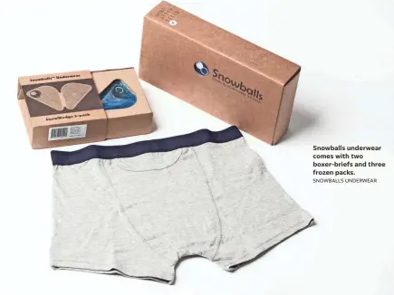  ?? SNOWBALLS UNDERWEAR ?? Snowballs underwear comes with two boxer-briefs and three frozen packs.