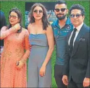  ?? HT ?? (LR) Anjali Tendulkar, actress Anushka Sharma , Virat Kohli and Sachin Tendulkar during the screening of 'Sachin: A Billion Dreams' at PVR in Mumbai on Wednesday.