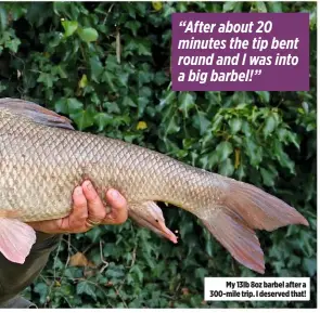  ??  ?? “After about 20 minutes the tip bent round and I was into a big barbel!” My 13lb 8oz barbel after a 300-mile trip. I deserved that!