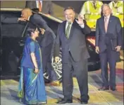  ?? PTI ?? External affairs minister Sushma Swaraj greets US secretary of state Mike Pompeo in New Delhi on Wednesday.