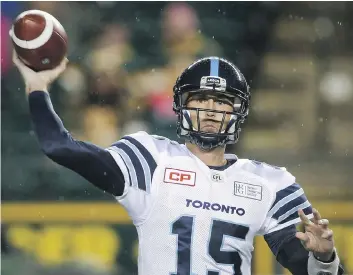  ?? JEFF MCINTOSH/THE CANADIAN PRESS ?? Quarterbac­k Ricky Ray and the Toronto Argonauts, who clinched the top spot in the East, can go to from worst to first if they emerge as Grey Cup champions later this month.