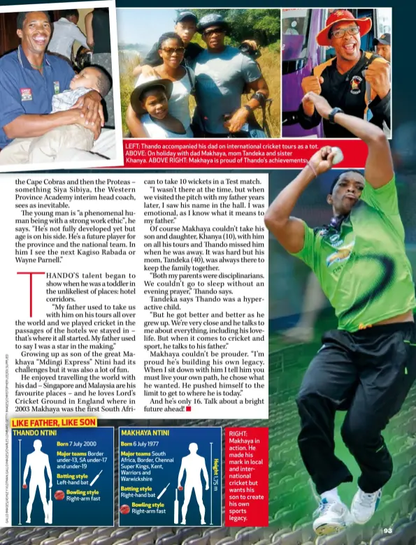  ??  ?? LEFT: Thando accompanie­d his dad on internatio­nal cricket tours as a tot. ABOVE: On holiday with dad Makhaya, mom Tandeka and sister Khanya. ABOVE RIGHT: Makhaya is proud of Thando’s achievemen­ts.