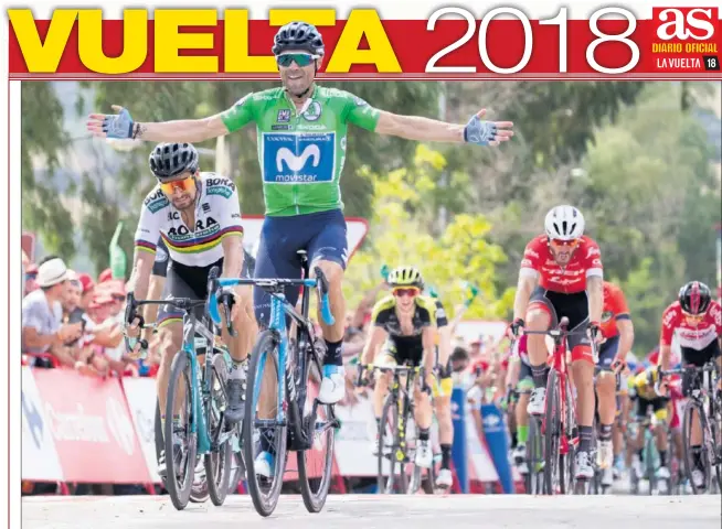  ??  ?? INCOMBUSTI­BLE Y ETERNO. Alejandro Valverde batió al tricampeón mundial Peter Sagan en la meta de Almadén. ¿Un recadito para el Mundial de Innsbruck?