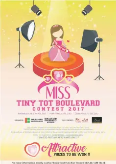  ??  ?? Registrati­on for Miss Tiny Tot Boulevard Contest is from Sept 16 to Nov 12.