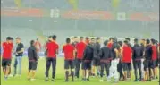  ?? SAMIR JANA/HT ?? After arriving late for the ATK match in Kolkata, FC Goa players wait for kits to arrive, at the Salt Lake stadium.