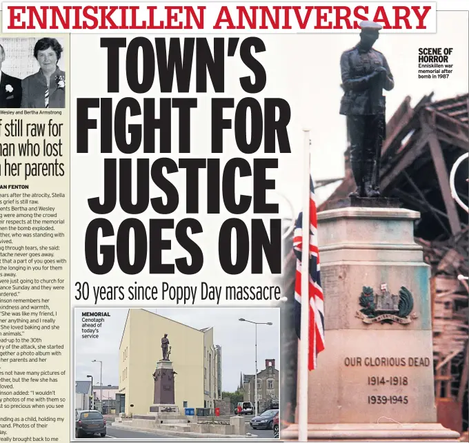  ??  ?? MEMORIAL Cenotaph ahead of today’s service SCENE OF HORROR Enniskille­n war memorial after bomb in 1987