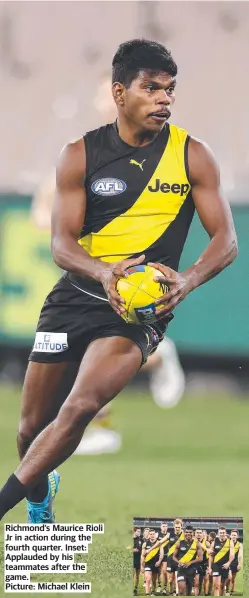  ?? Picture: Michael Klein ?? Richmond’s Maurice Rioli Jr in action during the fourth quarter. Inset: Applauded by his teammates after the game.