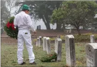  ??  ?? Willits 4H member Grady places a wreath and says the veteran’s name as he participat­es in laying the wreaths for Willits Wreaths Across America.