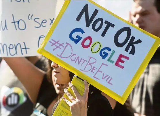  ?? — AP ?? Workers protest against Google’s handling of sexual misconduct allegation­s at the company’s Mountain View, California, headquarte­rs. Google has promised to be more forceful and open about its handling of sexual misconduct cases.