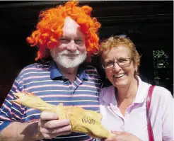 ?? SUPPLIED, NANCY TAUBNER ?? Mary Benders snapped up Casserole, a rubber chicken signed by Nick Lees, at a recent garage sale. Remarkably, the orange wig Nick wore in a French marathon did not find a buyer.