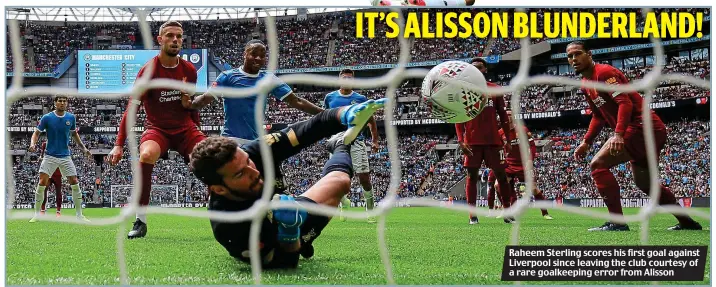  ??  ?? Raheem Sterling scores his first goal against Liverpool since leaving the club courtesy of a rare goalkeepin­g error from Alisson