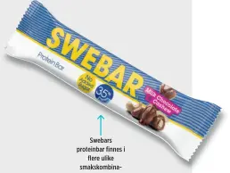  ?? ?? Swebars proteinbar finnes i flere ulike smakskombi­nasjoner.