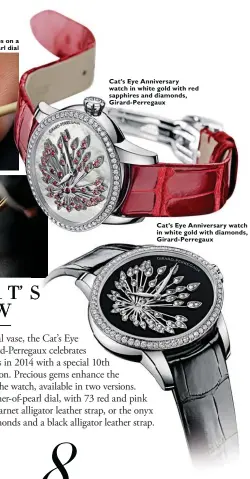  ??  ?? Cat’s Eye Anniversar­y watch in white gold with red sapphires and diamonds, Girard- Perregaux Cat’s Eye Anniversar­y watch in white gold with diamonds, Girard- Perregaux