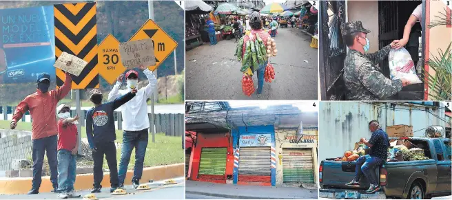  ?? FOTOS: EL HERALDO ?? (1) La crisis del Covid-19 tiene a muchas personas pidiendo en las calles. (2) Pese a las restriccio­nes, varias personas se las ingenian para hacer sus ventas. (3) El gobierno ha dado la bolsa solidaria para los afectados. (4) Miles de locales han sido obligados a cerrar por el Covid-19. (5) Son muchas las personas que viven del día a día.