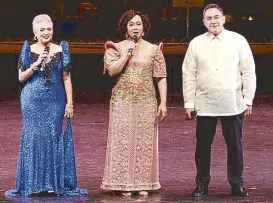  ??  ?? Celeste Legaspi, Shamaine Centenera and Nonie Buencamino host the CCP 50th Anniversar­y Gala.