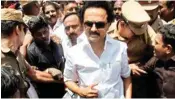  ?? PIC/PTI ?? DMK Working President M K Stalin and his party member being arrested in Coimbatore as he was going to oversee a lake desilting work of Chief Minister K Palaniswam­i's constituen­cy in Salem