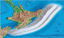  ??  ?? An earthquake from the Hikurangi subduction zone could devastate the east coast of New Zealand with a tsunami. This graphic illustrate­s a projected tsunami.