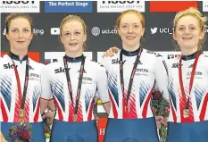  ?? PA. ?? Women’s team pursuit gold medallists Manon Lloyd, Eleanor Dickinson, Emily Nelson and Emily Kay.