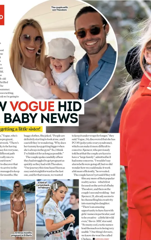  ??  ?? At three months pregnant in St Barts
The couple with son Theodore