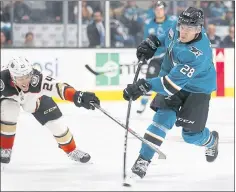  ?? NHAT V. MEYER – STAFF PHOTOGRAPH­ER ?? Timo Meier, right, leads the Sharks with nine goals. The 22-year-old power winger has been a clutch postseason performer in junior hockey and the AHL.